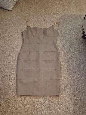 bebe Taupe Textured Spaghetti-Strap Mini Dress